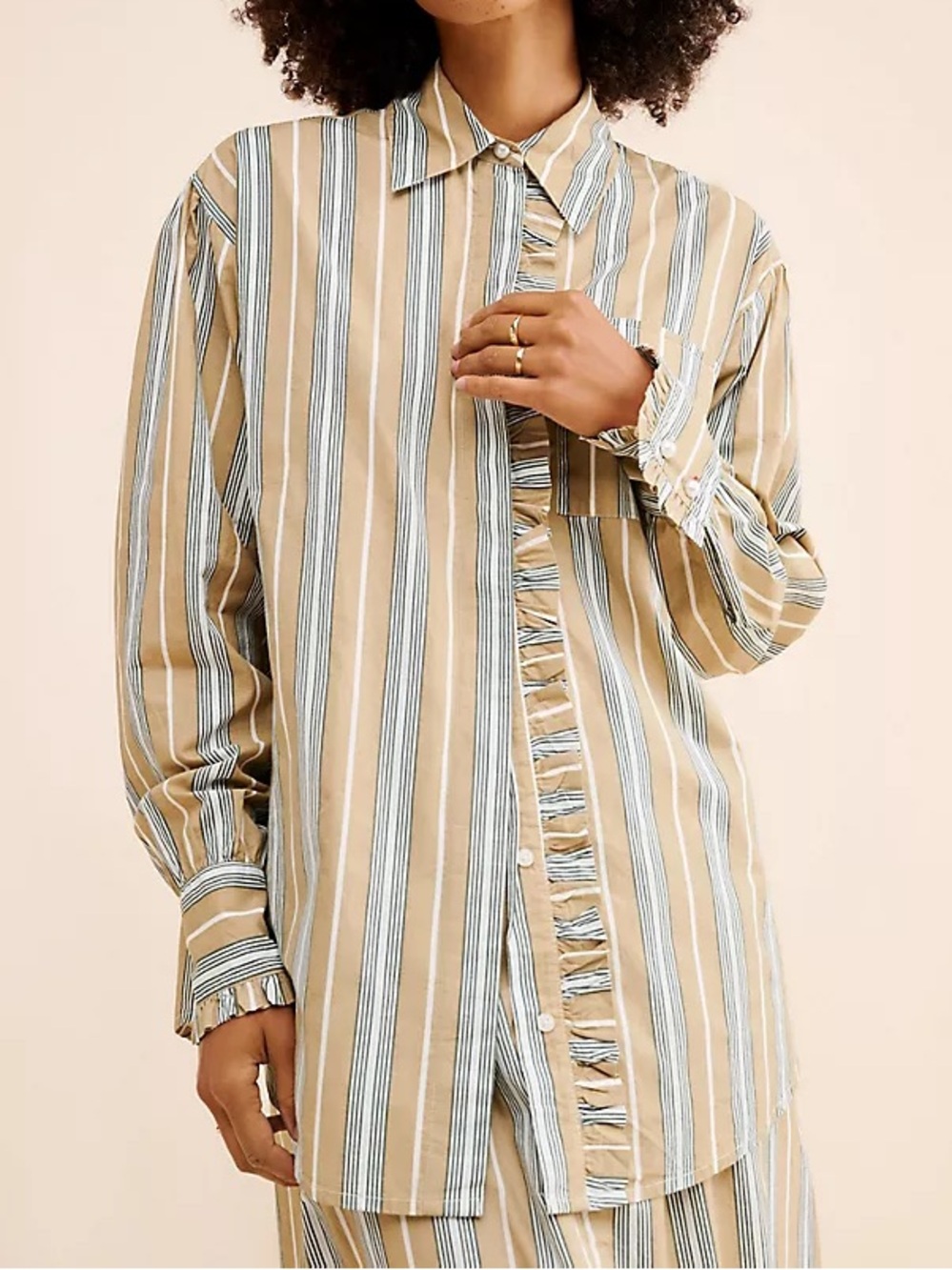 NWOT Damson Madder Kylie Ruffle Button Down Cotton Top in Neutral Stripe size 4